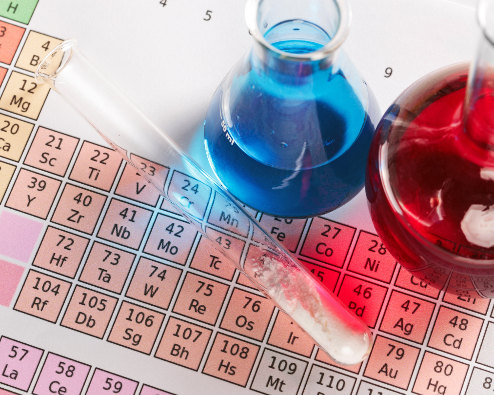 Two large beakers filled with colorful liquid and a test tube filled with a white granular powder sit on top of a printout of the periodic table of the elements.